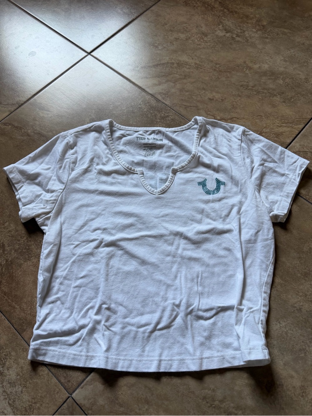 True Religion White Short-Sleeve Tee with Teal Logo Accent